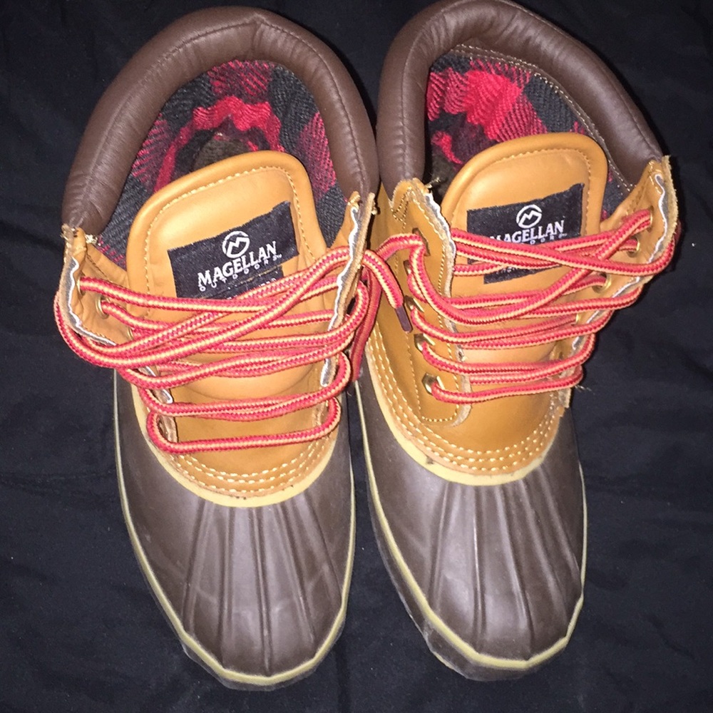 Brown and khaki duck boots